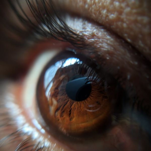 Close-up of a clear, bright human eye looking towards a light source.